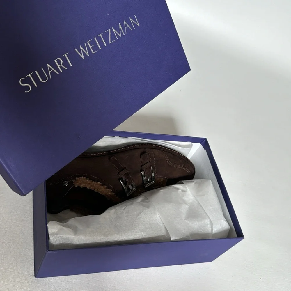 Stuart Weitzman Shoes 7.5 M Sherpa Trimmed Slip On  Brown Suede buckles - Picture 8 of 8